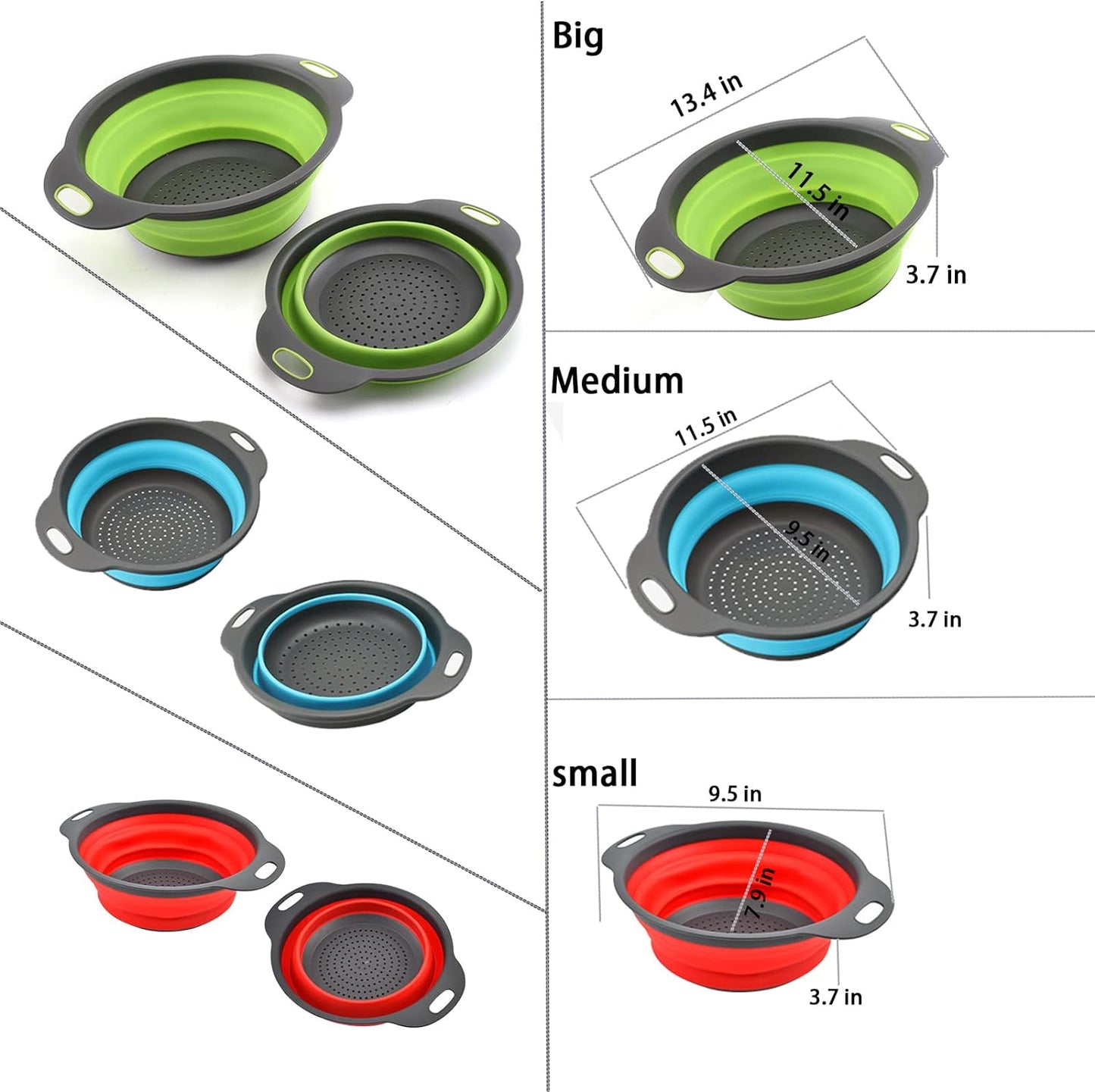 Foldable Silicone Large Food Strainer Set (3 Pieces) - Perfect for Draining Pasta, Noodles, Veggies and Fruits - Foldable Kitchen Colander Kit. (Green, blue, purple)