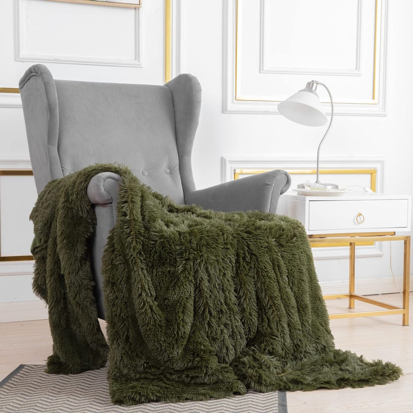 Olive Green Faux Fur Throw Blanket,2 Layers,50" x 60" Cozy Plush Fluffy Blanket Furry Fuzzy Warm Cute Shaggy Blanket for Fall Bed Living Room Décor Baby Women Pet