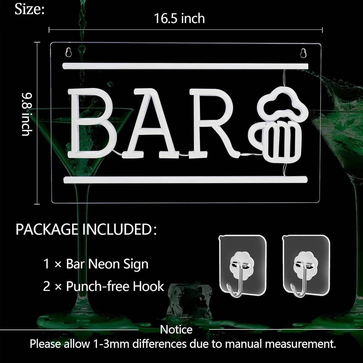 Bar Neon Sign, Beer LED Neon Light for Wall Decor, USB Powered Neon Bar Signs, Acrylic Bar Neon Lights for Man Cave, Bedroom, Home Bar, Store, Club, Bistro, Party, Christmas Gifts (Bar)