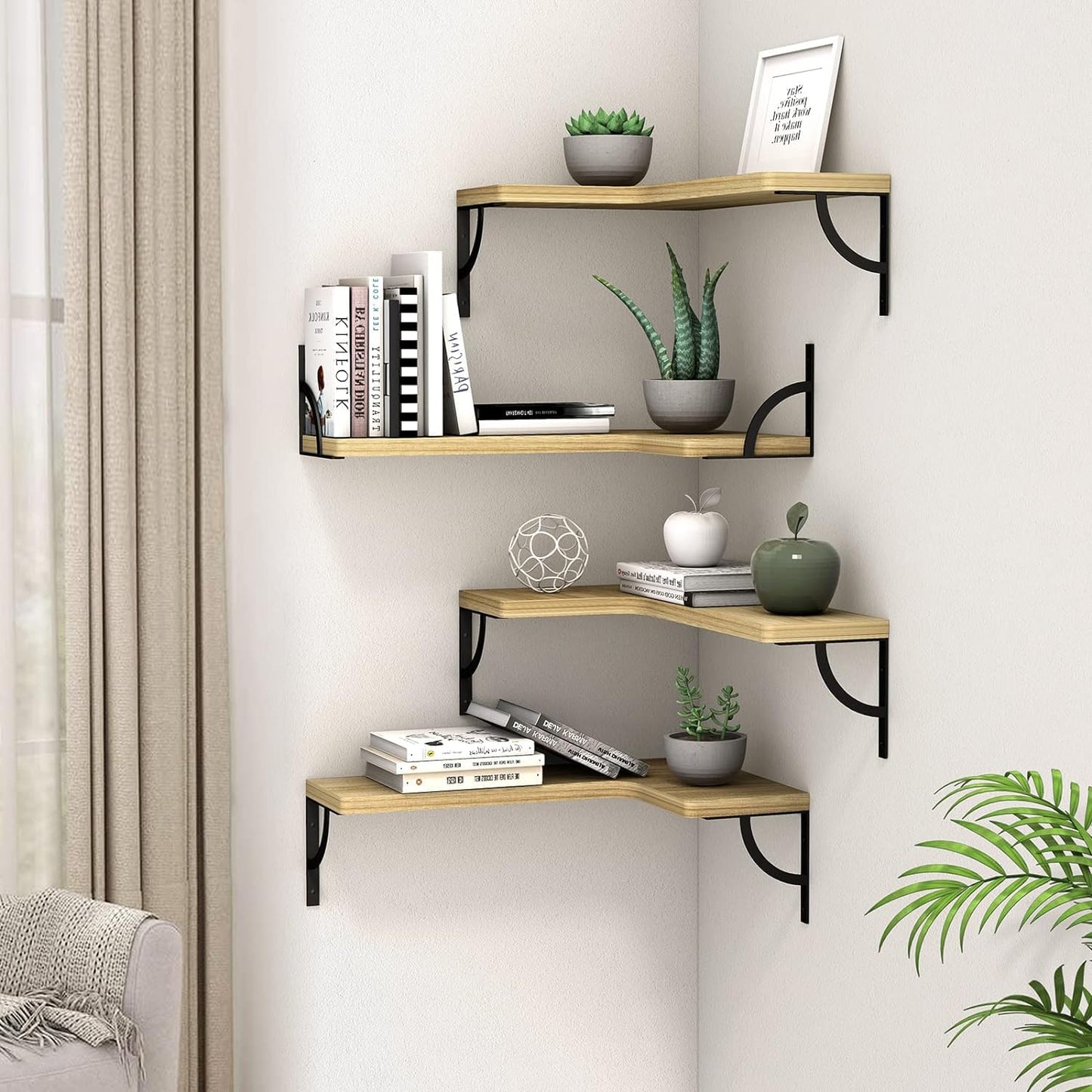 Corner Floating Shelves Wall Mounted Set of 4, Wood Display Storage Wall Shelves for Living Room, Bedroom, Office, Bathroom Kitchen & Decoration