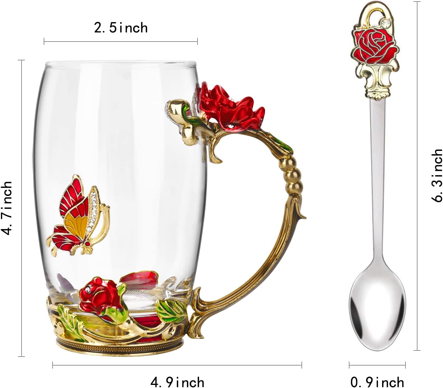 Gifts for Women Mom Mothers Valentines Day Tea Cup Best Birthday Butterfly Rose Gifts for Her from Daughter Son Glass Coffee Christmas Enamels Mug Lead-Free with Spoon Set