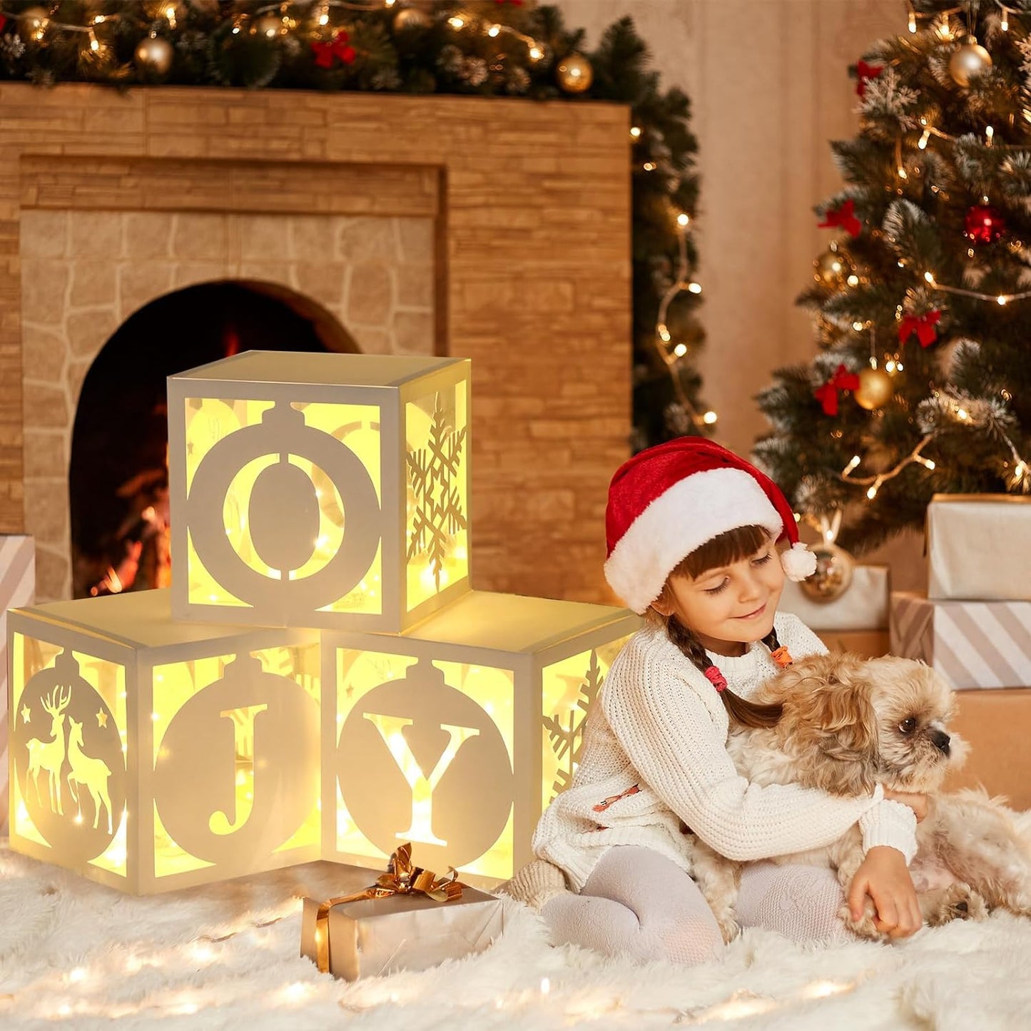 Light Up Christmas Decorations Indoor - 3pcs White Hollow-Out Paper Joy Boxes with Warm Light String, Holiday Fireplace
