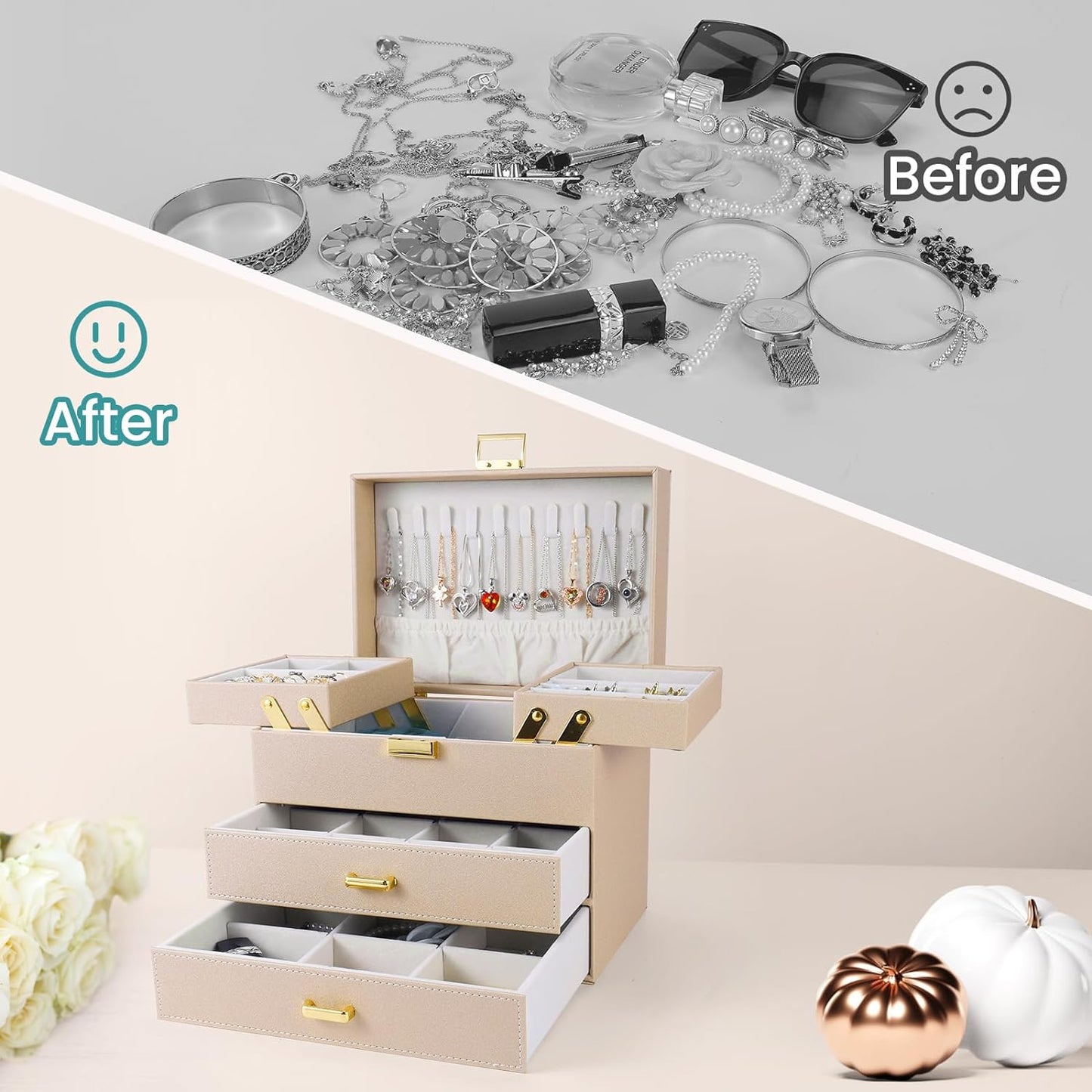 Jewelry Organizer Box, Jewelry Holder Organizer Box, PU Leather Jewelry Box, Gift Idea for Valentine's Day, Birthday, Mother's Day, Christmas (Champagne)