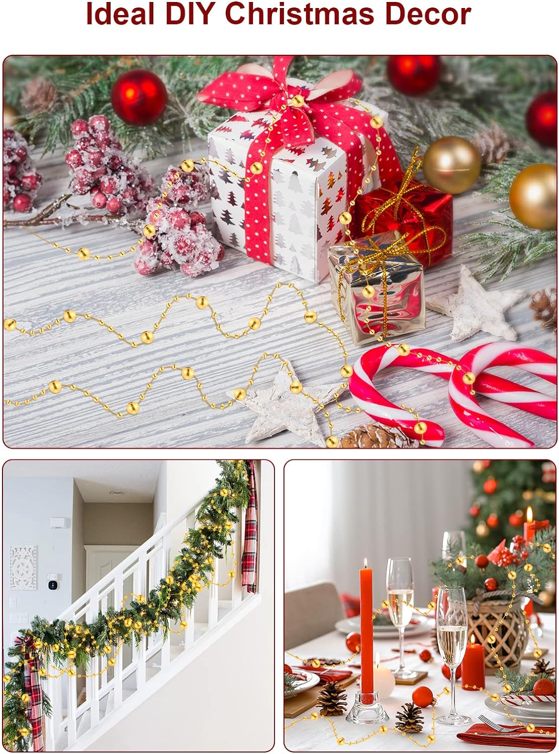 Christmas Tree Beads Garland Decorations - 66Ft Strands Chain Pearls Beads String for DIY Christmas Tree Wreath, Xmas Decor Beaded Garlands for Stairs Fireplace Wedding Holiday Party Gift (Gold)