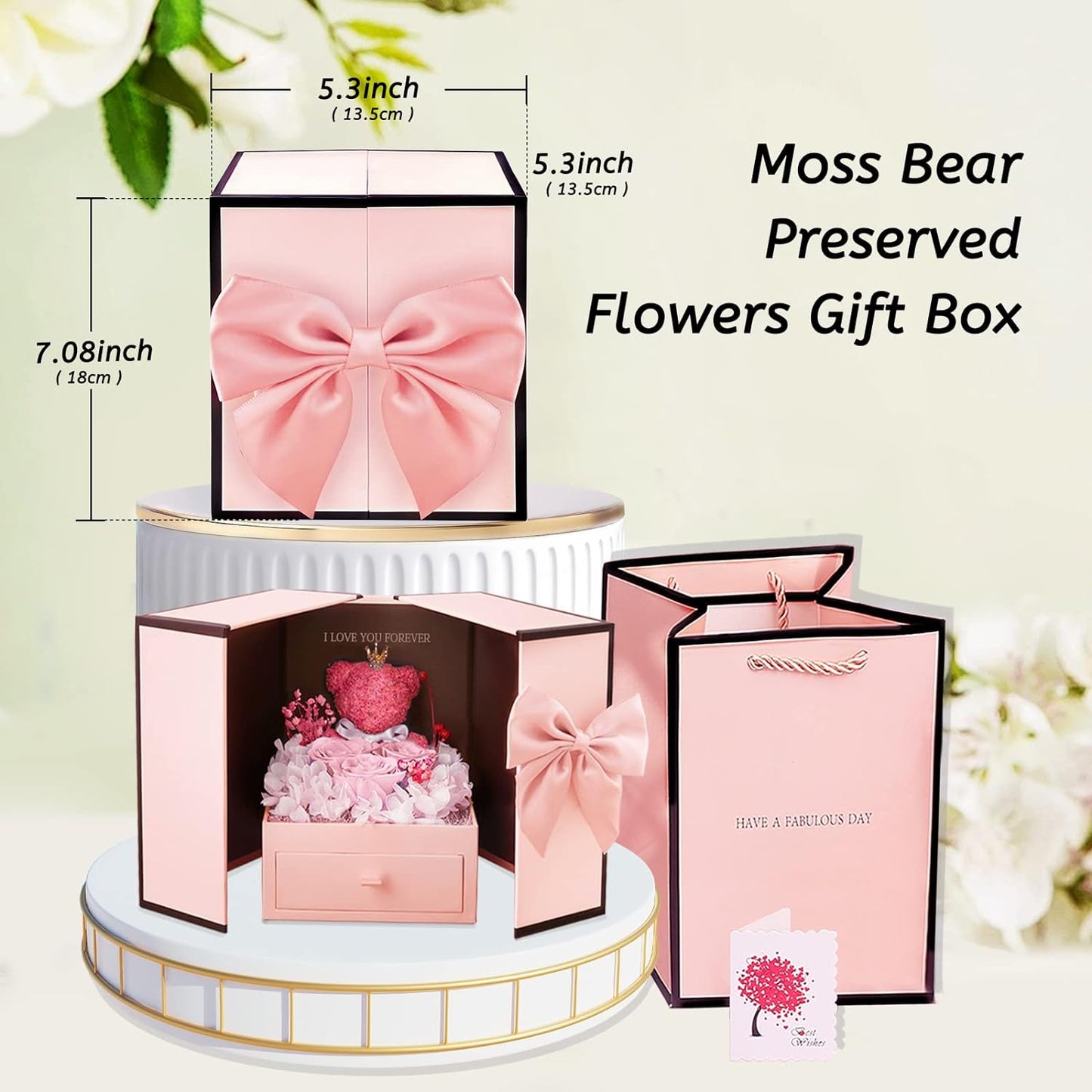 Valentines Day Gifts, Moss Bear with Three Pink Roses Forever