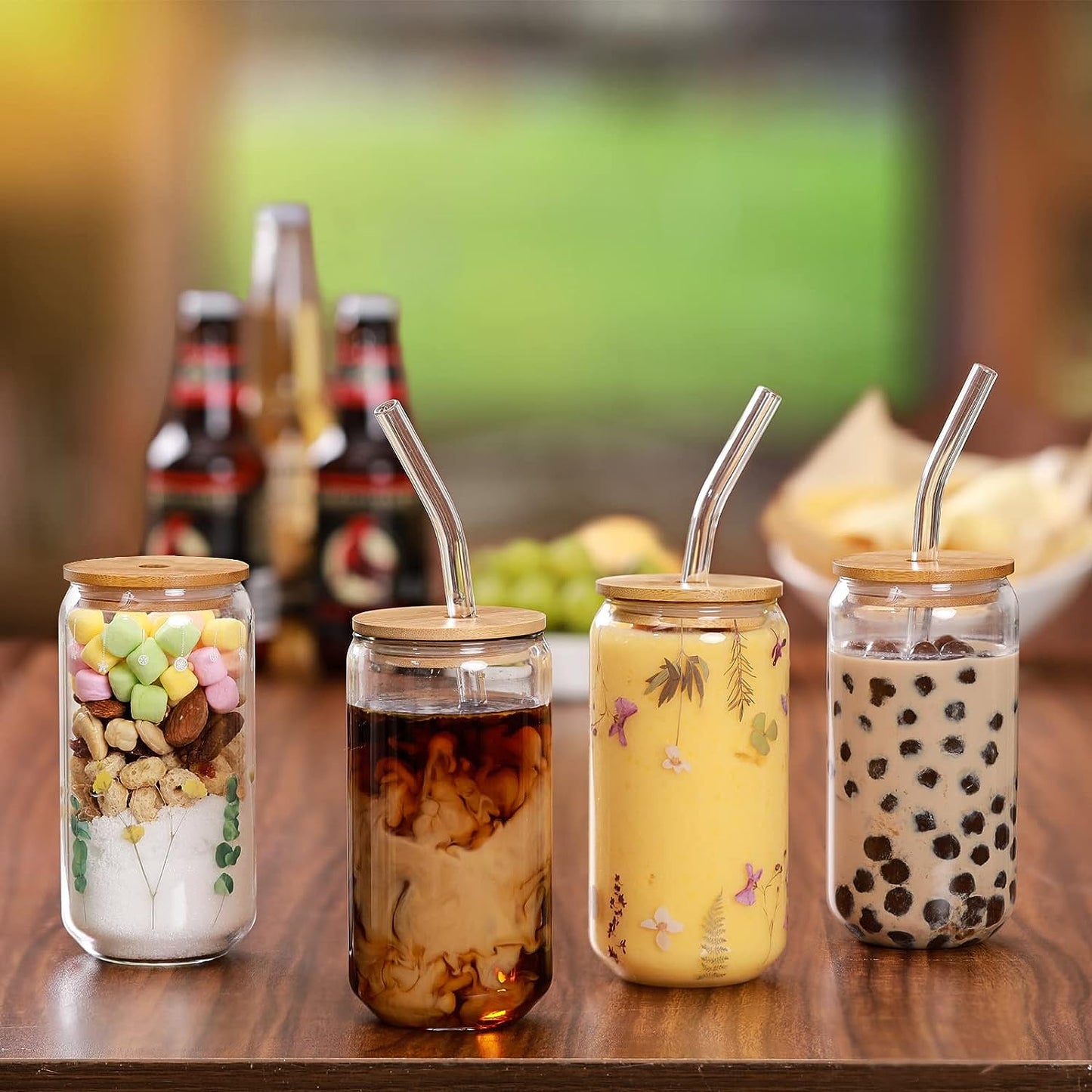 Drinking Glasses with Bamboo Lids and Glass Straw 4pcs Set - 16oz