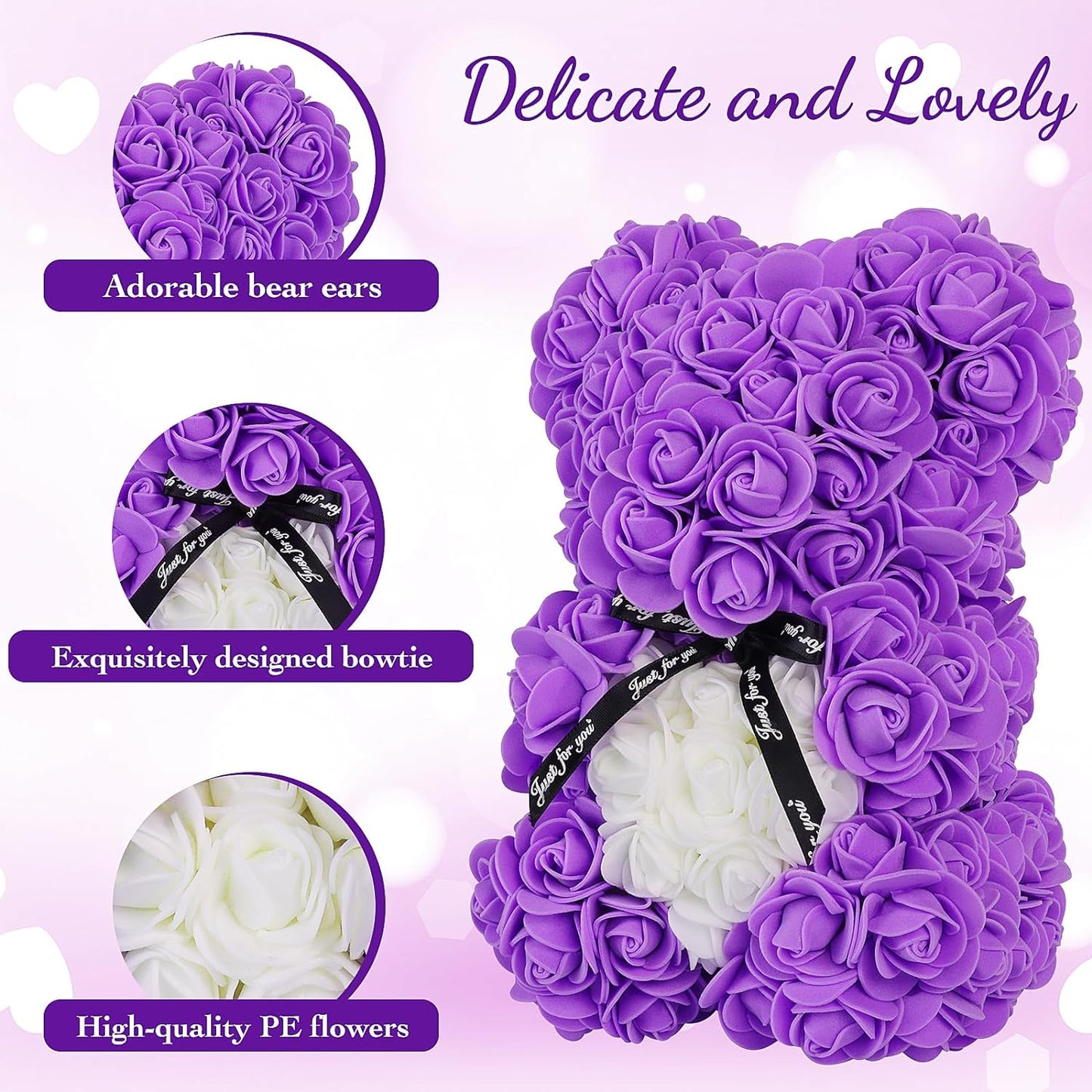 Rose Bear with Box, Artificial Flowers Rose Teddy Bear with Greeting Card,