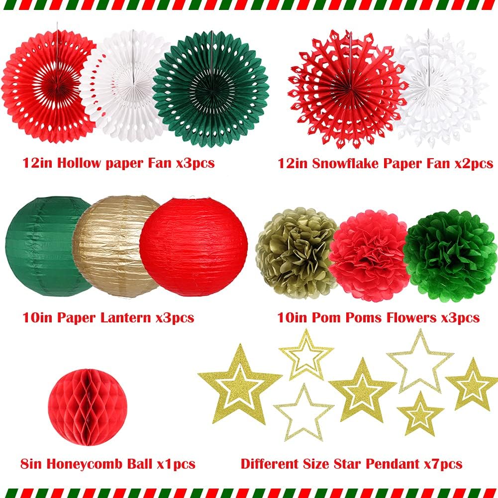 Christmas Party Decorations, Christmas Paper Lanterns Gold Star Pendant Hanging Snowflakes Paper Fan Pom Poms Flowers Honeycomb Ball