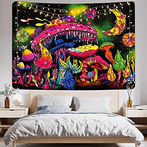 Mushroom Moon and Stars Plants Starry Night Sky Monster Tapestry Wall Hanging for Room