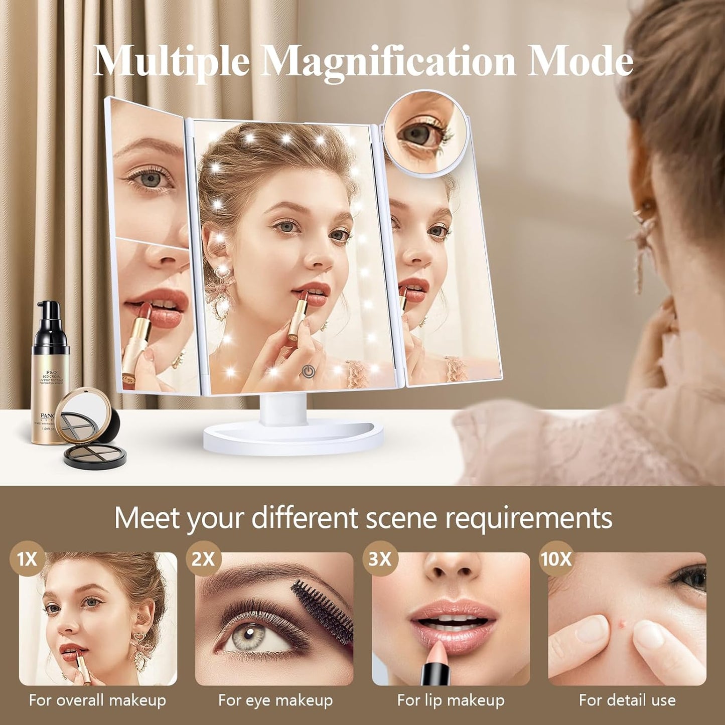 Makeup Mirror Vanity Mirror with Lights, 2X 3X 10X Magnification, Touch Control, Trifold Makeup Mirror, Dual Power Supply, Portable LED Makeup Mirror, Women Gift (White)
