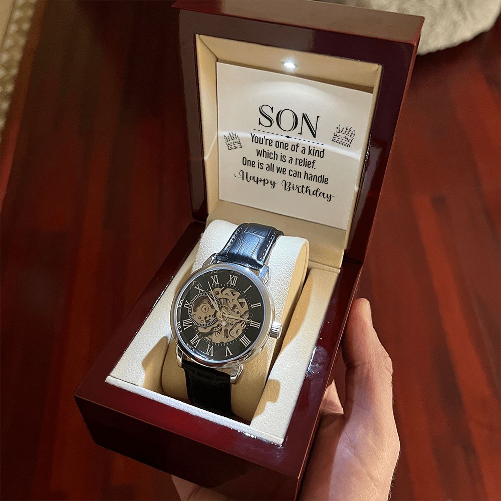 son - you're one of a kind Men's Openwork Watch w/ Genuine Black Leather Band