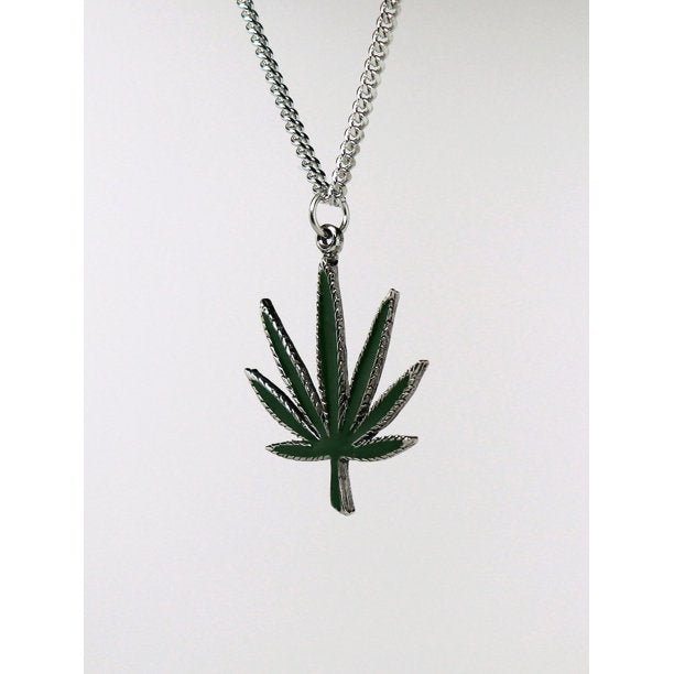 M****** Pot Leaf Green Enamel on Silver Finish Pewter Pendant Necklace for Men/Women