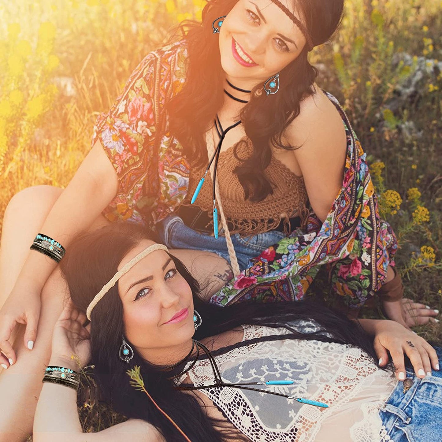Bohemian Turquoise Pendant Suede Long Choker Necklace Vintage Dangle Earrings Boho Cuff Bracelet with Stackable Knuckle Rings Set