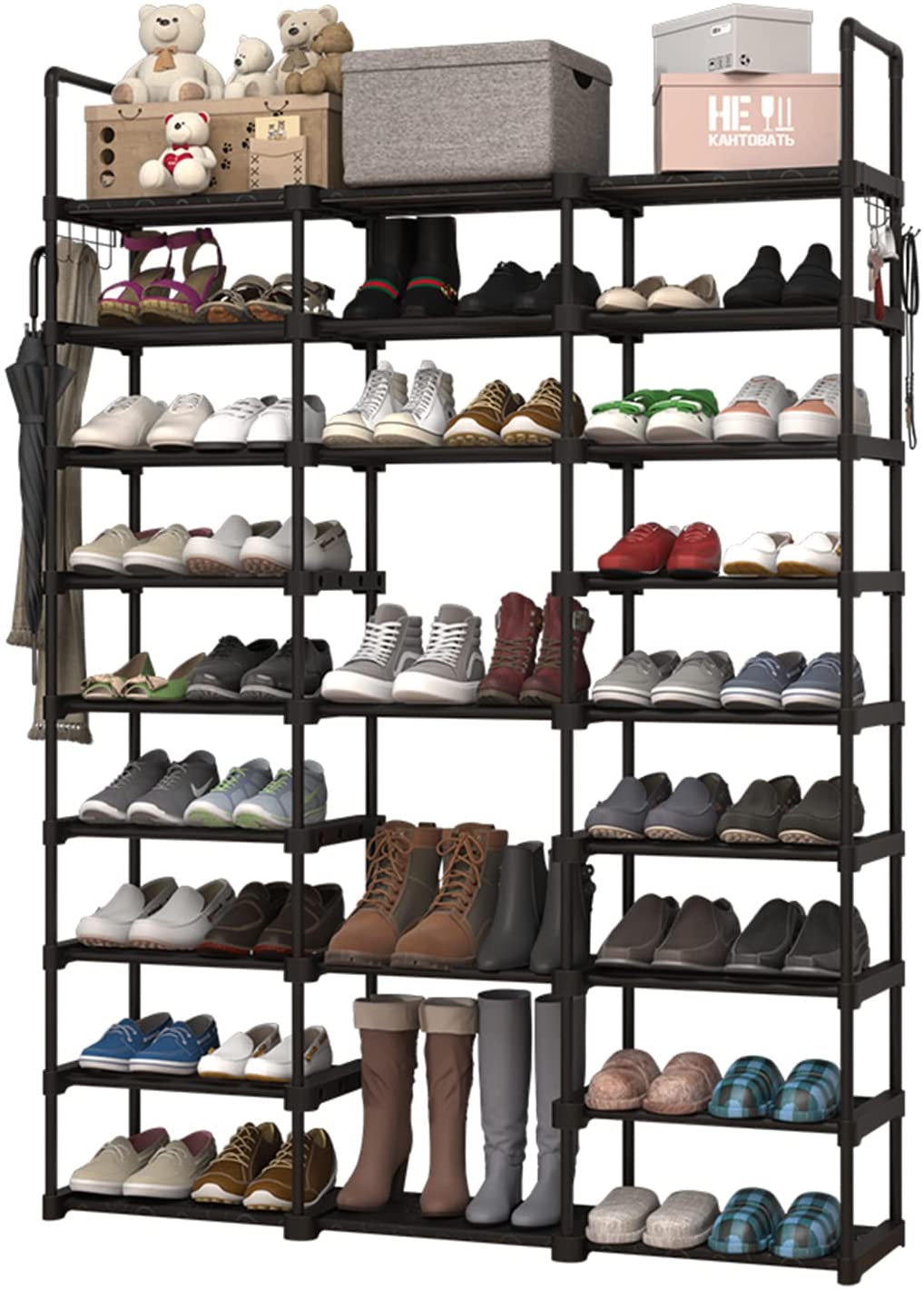 Large Metal Shoe Rack, 50-55 Pairs w/ Hooks-Black