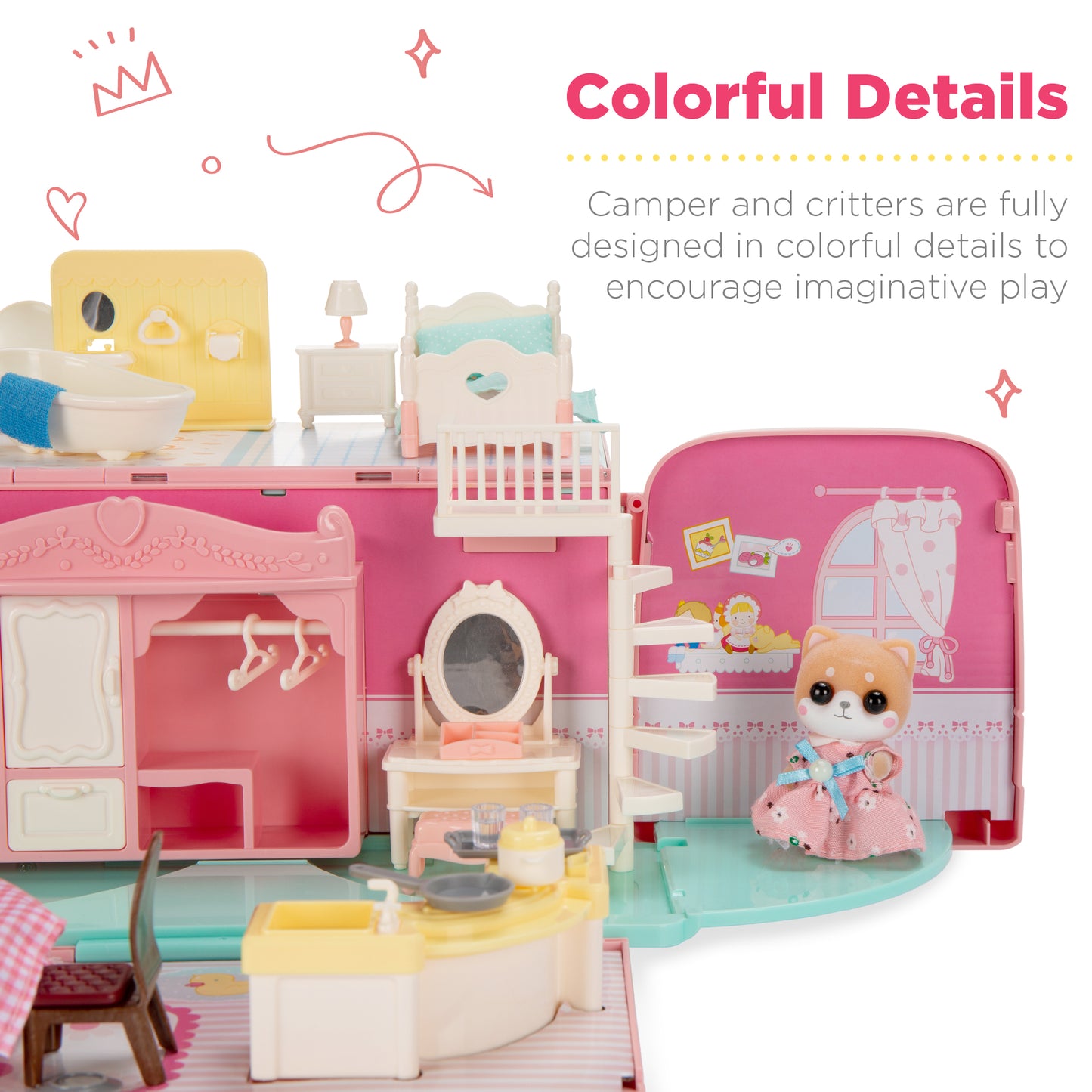 Camper Van Playset Dollhouse Toy w/ 54 Accessories & Tiny Critters for Kids