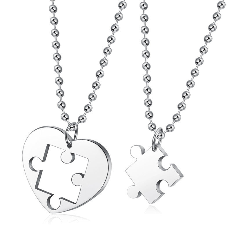 2 Pcs Love Heart Puzzle Matching Pendant Necklaces for Couples-Silver