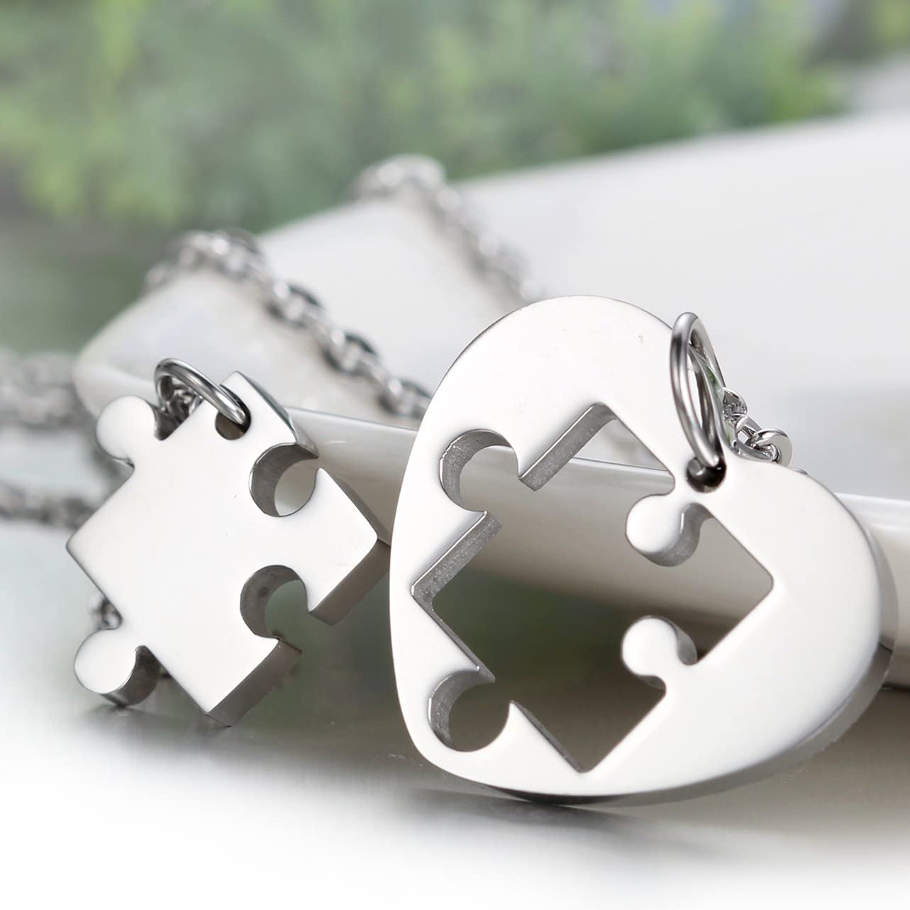 2 Pcs Love Heart Puzzle Matching Pendant Necklaces for Couples-Silver