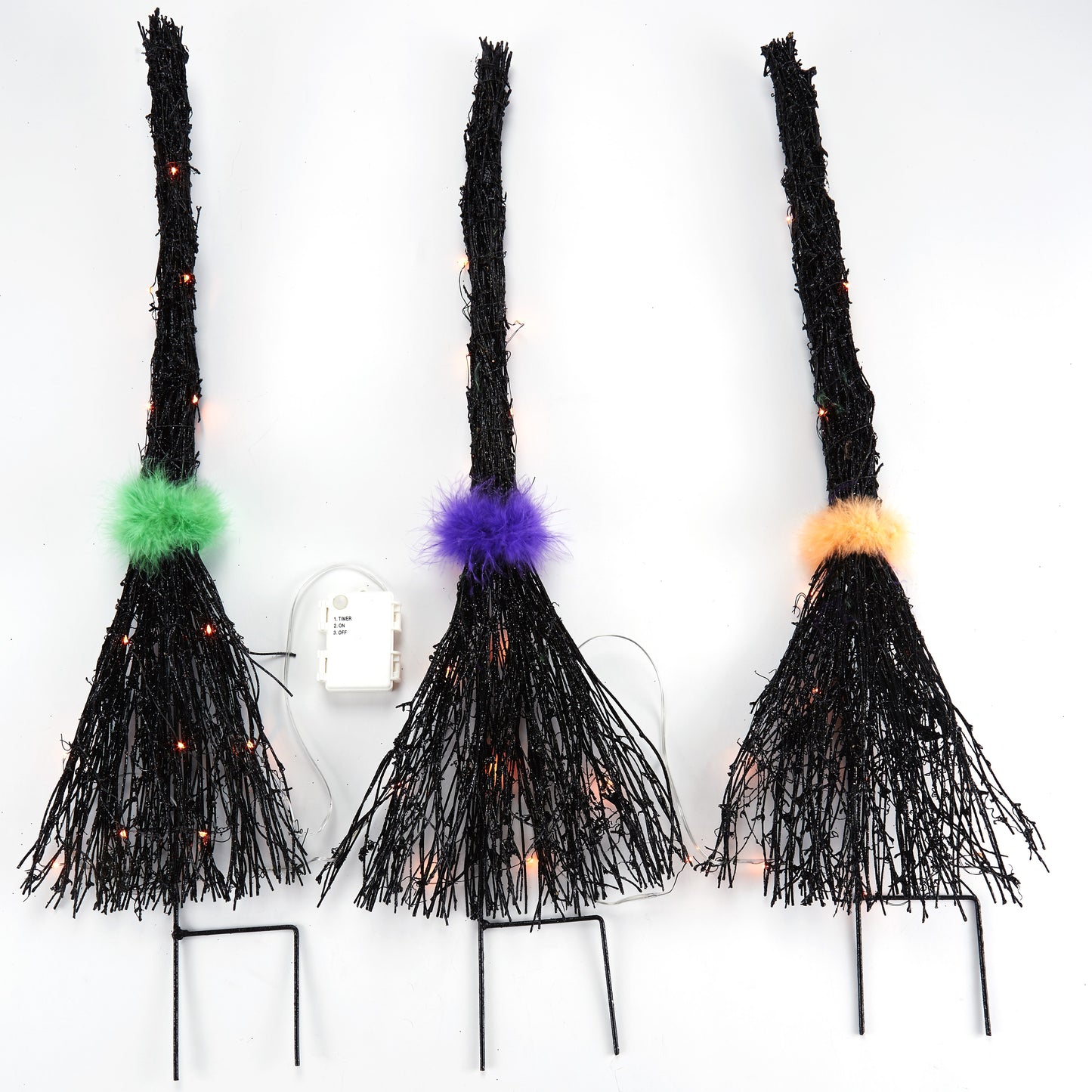 Lighted Halloween Witches Brooms Garden Stakes - Set of 3