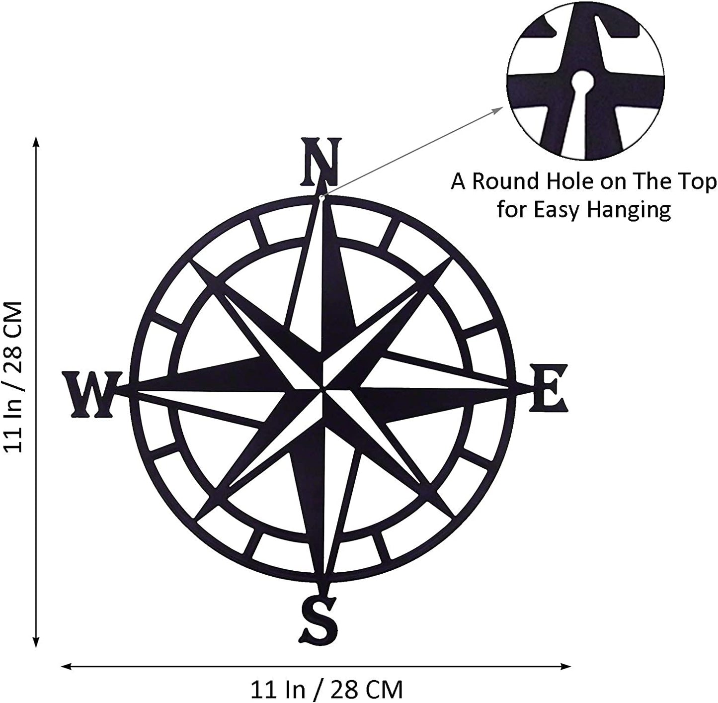 11 Inches Metal Decorative Nautical Compass Wall Decor, Living Room Bedroom (Black)