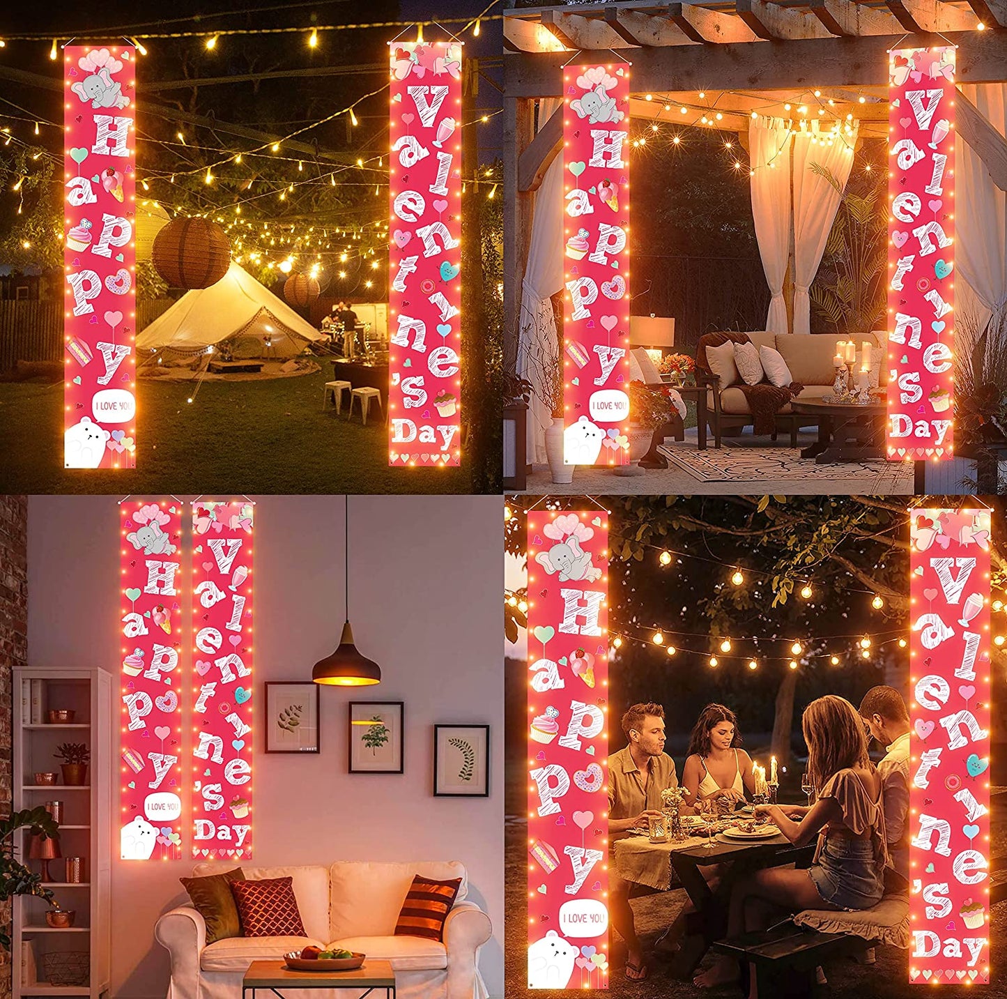 2PCS Valentines Day Decorations Lighted Banners Porch Signs Heart Love Hanging