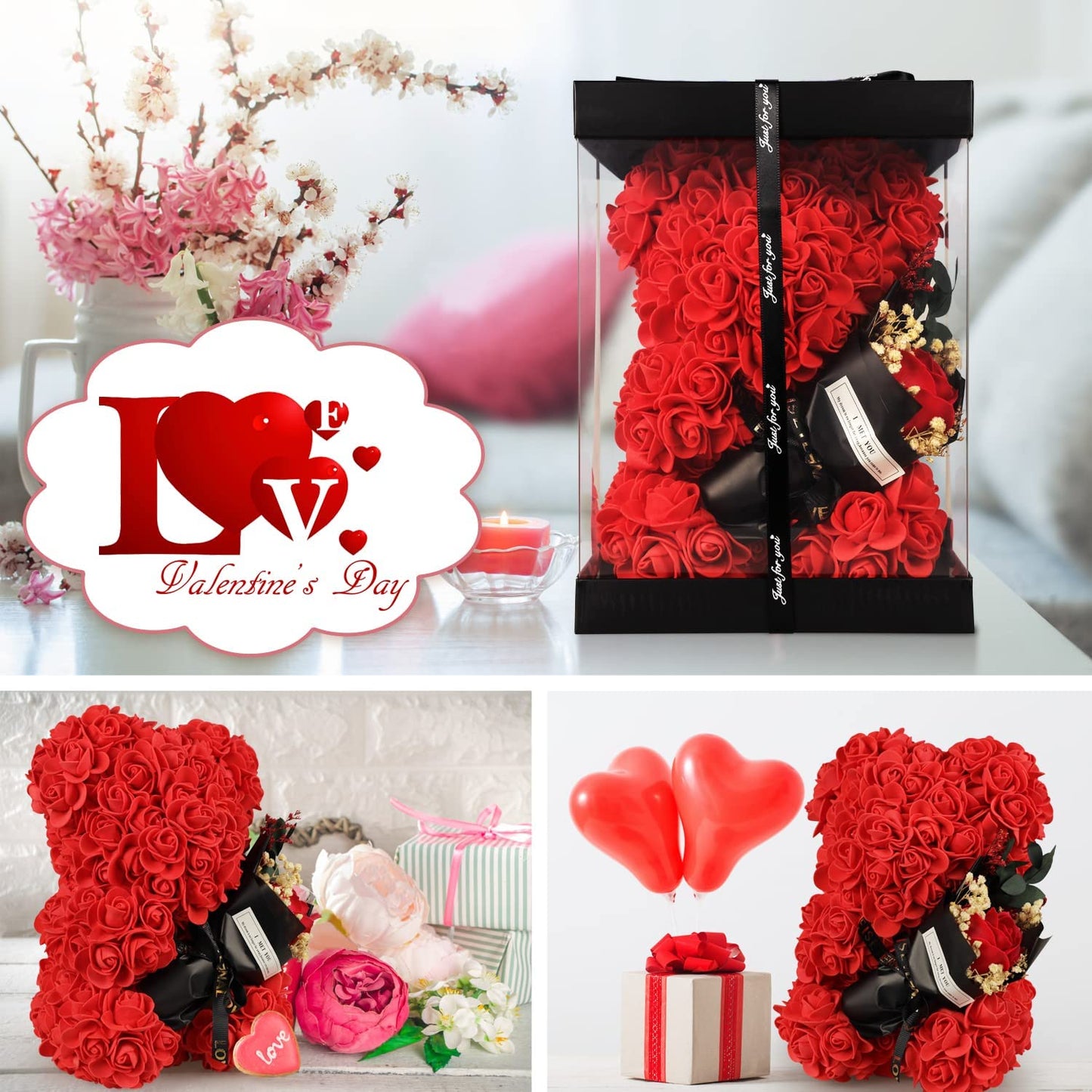 Valentines Day Gifts for Her, Rose Bear w/ I Love You Necklace 100 Languages, Red