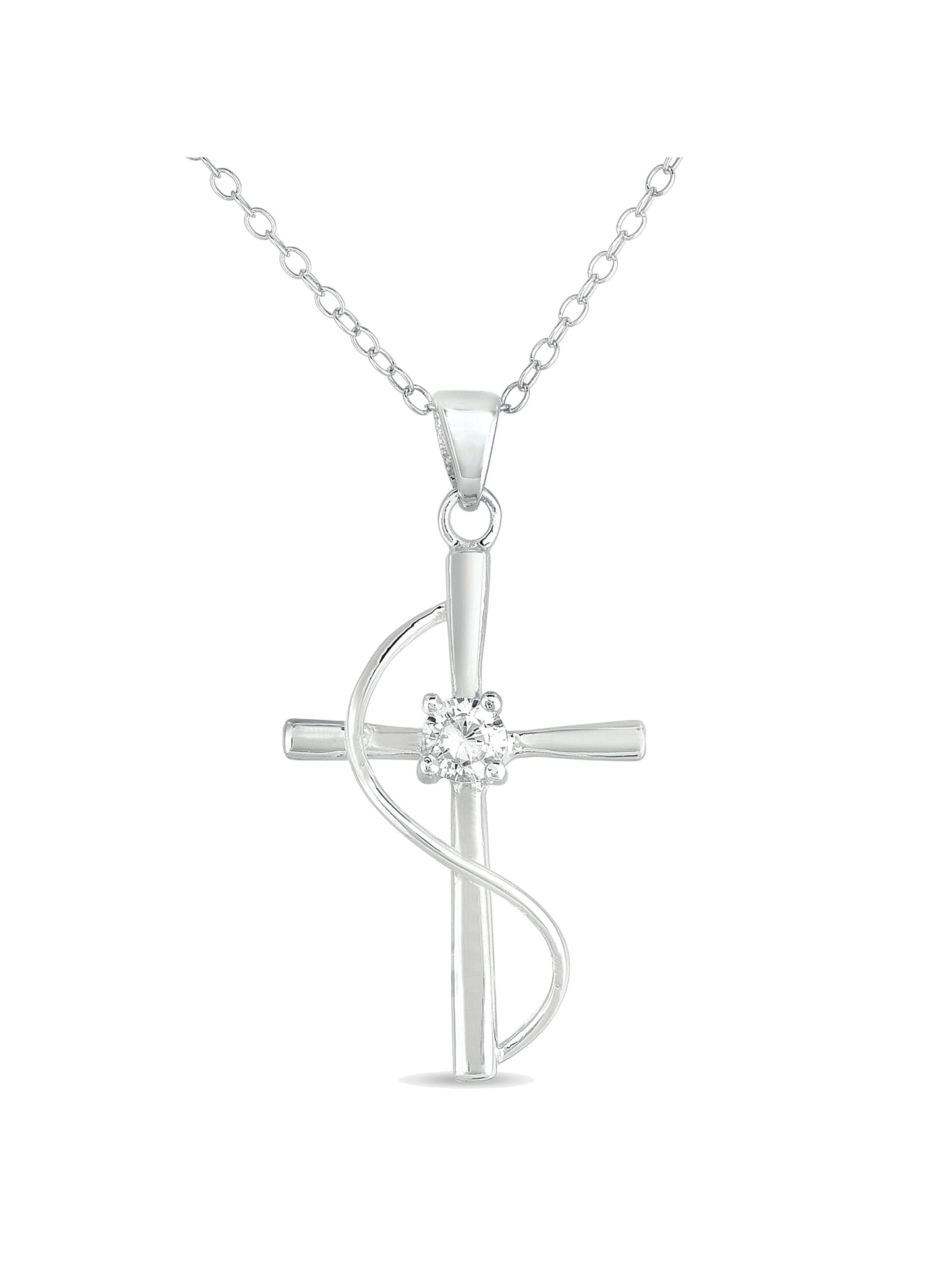 CZ Sterling Silver Cross Pendant, 18" for Women