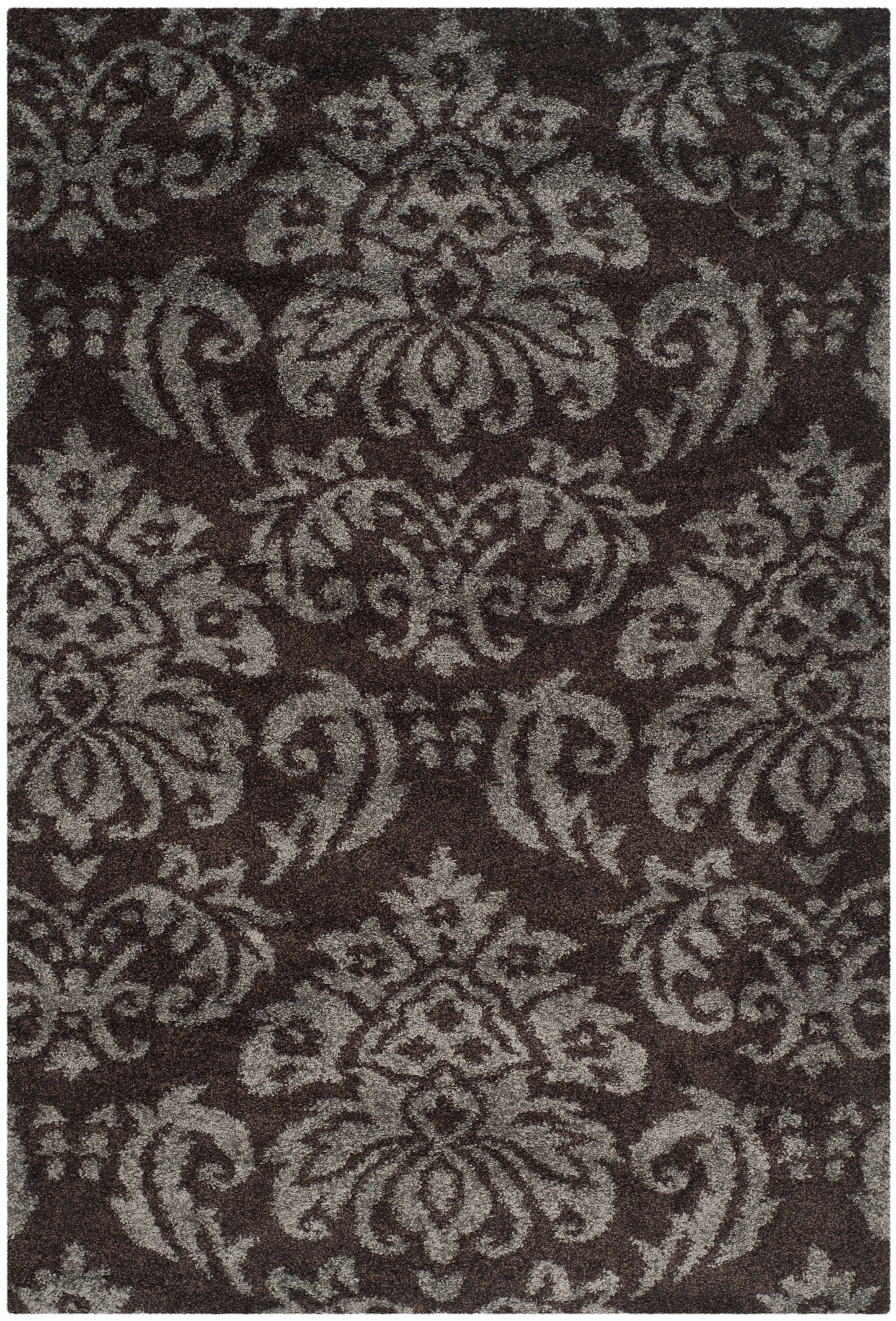 Florida Desmond Damask Plush Shag Area Rug, Dark Brown/Smoke, 3'3" x 5'3"
