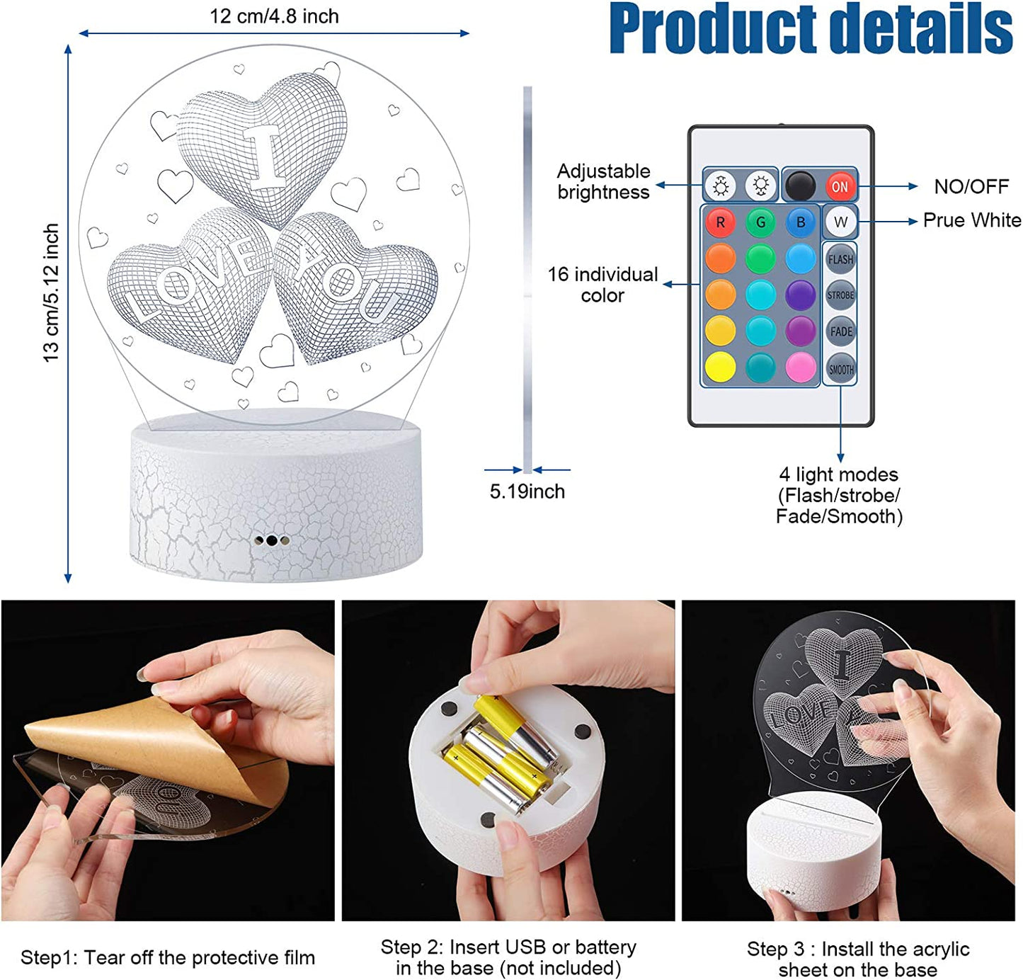 3D I Love You Night Light 16 Colors Change Sleep Lamp, Remote Touch
