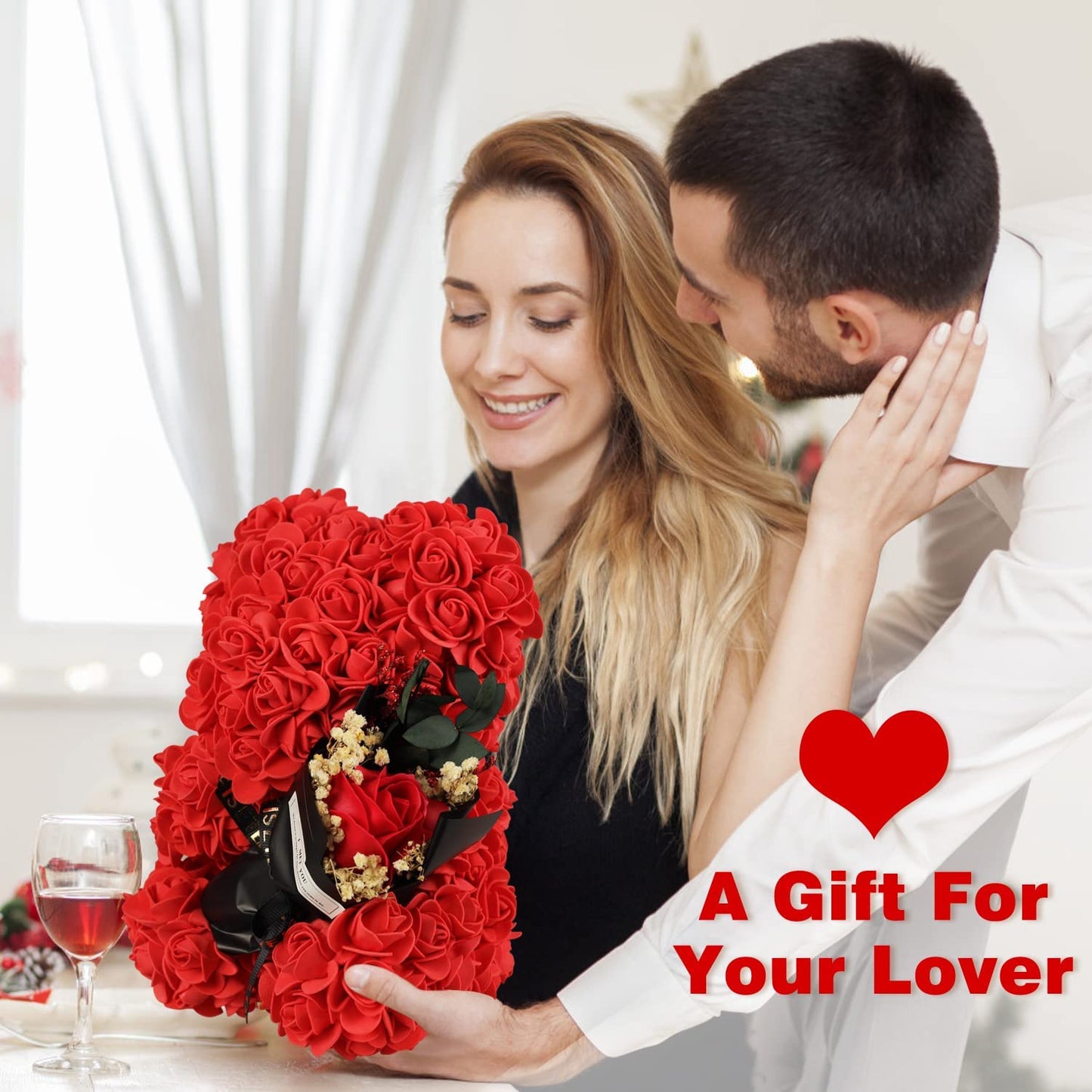 Valentines Day Gifts for Her, Rose Bear w/ I Love You Necklace 100 Languages, Red