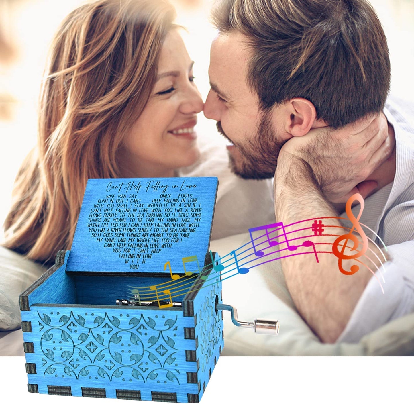 Can't Help Falling in Love Wood Music Box, Antique Engraved Best Gift for Valentines Day (Blue)