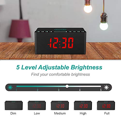 Wooden Digital Alarm Clock FM Radio,10W Fast Wireless Charger Station for iPhone/Samsung Galaxy 5