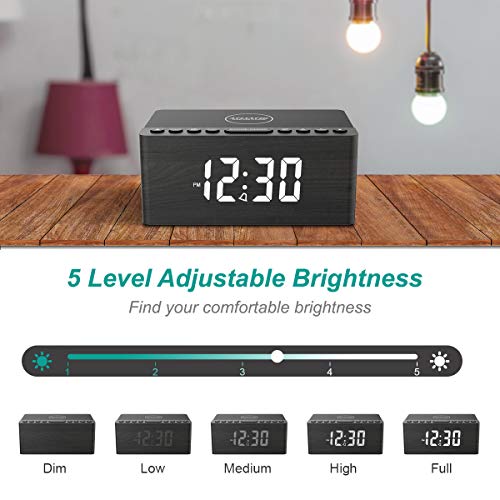 Wooden Digital Alarm Clock FM Radio,10W Fast Wireless Charger Station for iPhone/Samsung Galaxy 5