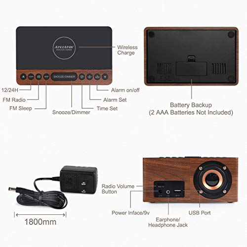 Wooden Digital Alarm Clock FM Radio,10W Fast Wireless Charger Station for iPhone/Samsung Galaxy 5