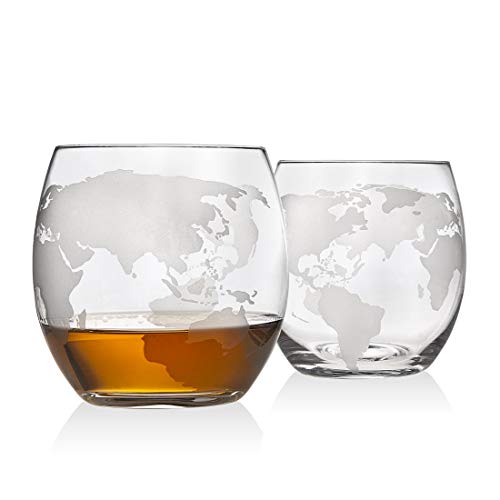 Whiskey Decanter Globe Set w/ 2 Etched Globe Whisky Glasses - 850ml