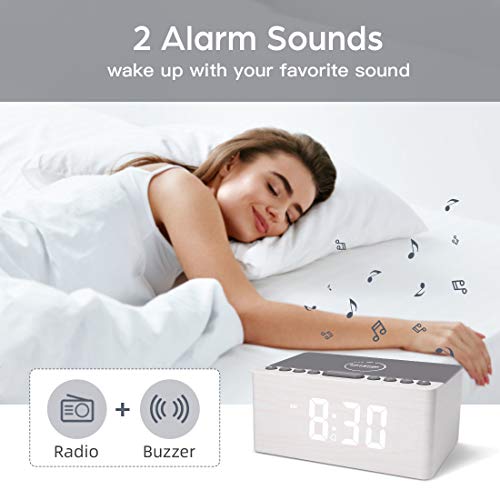 Wooden Digital Alarm Clock FM Radio,10W Fast Wireless Charger Station for iPhone/Samsung Galaxy 5
