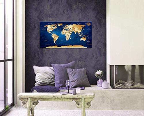 Wall Art Blue World Map Painting Ready to Hang -20" x 40" Framed