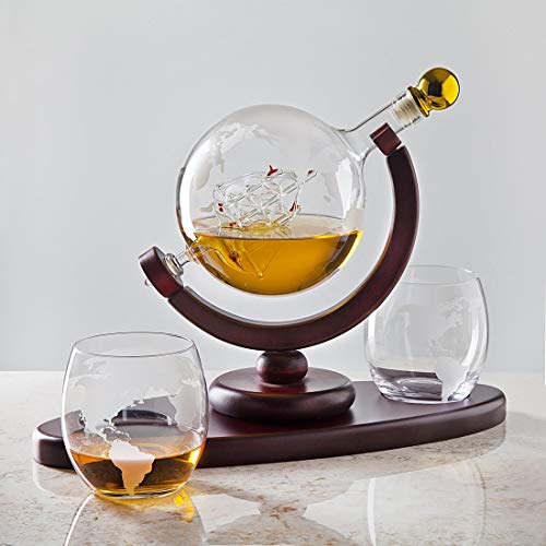 Whiskey Decanter Globe Set w/ 2 Etched Globe Whisky Glasses - 850ml