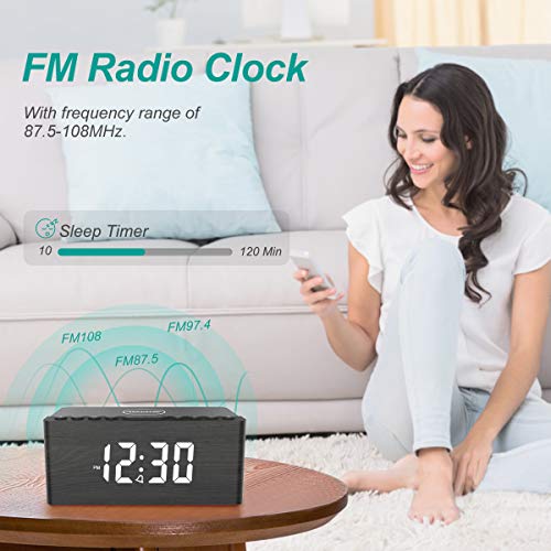 Wooden Digital Alarm Clock FM Radio,10W Fast Wireless Charger Station for iPhone/Samsung Galaxy 5
