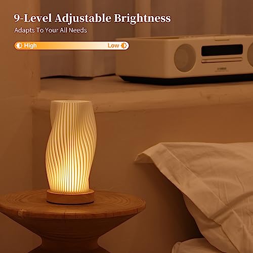 Bedside Lamp with Woodbase - Button Control Table Lamp for Bedroom 12 Way Dimmable Nightstand Lamp