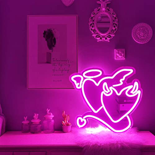 Pink Neon Sign Heart Angel Demon for Wall Decoration