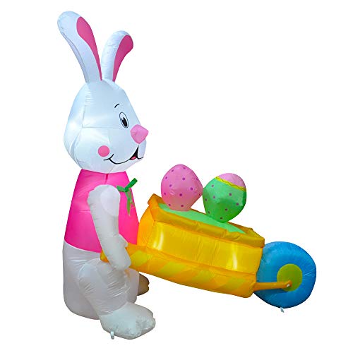 6 FT LED Easter Inflatable Decoration Bunny Rabbit Pushing Wheelbarrow w/ Eggs