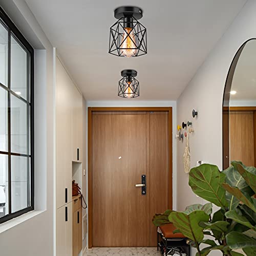 Semi Flush Mount Ceiling Light, E26 E27 Retro Black Industrial Ceiling Light Fixtures