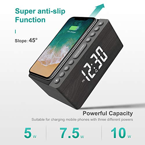 Wooden Digital Alarm Clock FM Radio,10W Fast Wireless Charger Station for iPhone/Samsung Galaxy 5