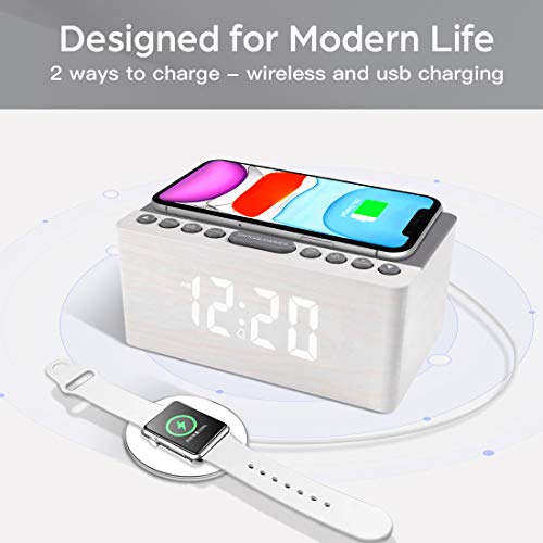 Wooden Digital Alarm Clock FM Radio,10W Fast Wireless Charger Station for iPhone/Samsung Galaxy 5