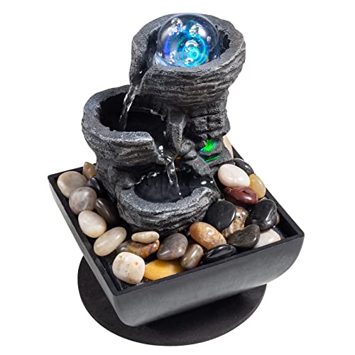 Waterfall Meditation Fountain w/ Many Natural River Rock LED Lights & Rolling Decorative Bubble Balls