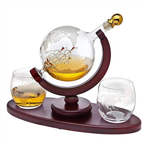 Whiskey Decanter Globe Set w/ 2 Etched Globe Whisky Glasses - 850ml