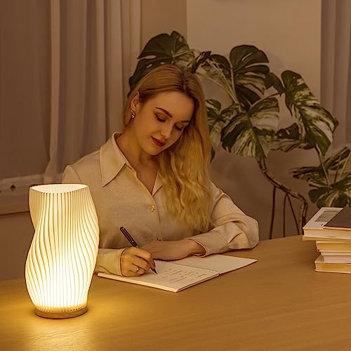 Bedside Lamp with Woodbase - Button Control Table Lamp for Bedroom 12 Way Dimmable Nightstand Lamp