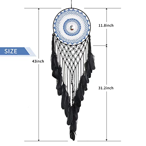 Black Dream Catchers for Bedroom Adult, Large Dream Catcher with Moon Shaped Crystals, Handmade Feather