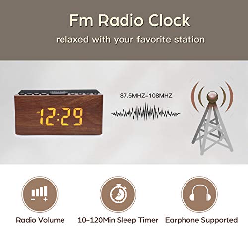 Wooden Digital Alarm Clock FM Radio,10W Fast Wireless Charger Station for iPhone/Samsung Galaxy 5