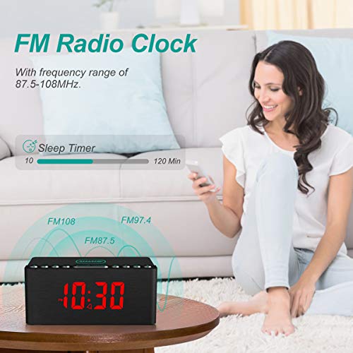 Wooden Digital Alarm Clock FM Radio,10W Fast Wireless Charger Station for iPhone/Samsung Galaxy 5